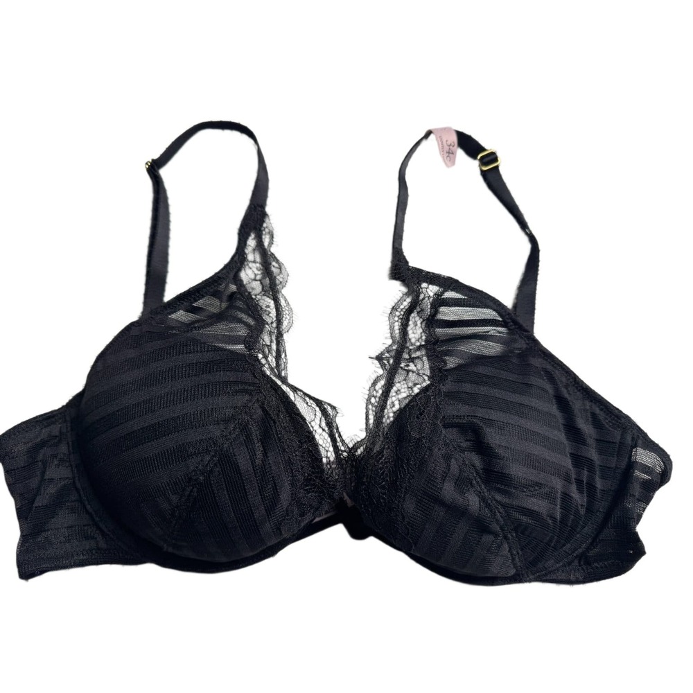 Victoria's Secret Black Lace Mesh Push Up Bra 34C Underwire Lined Demi NWT